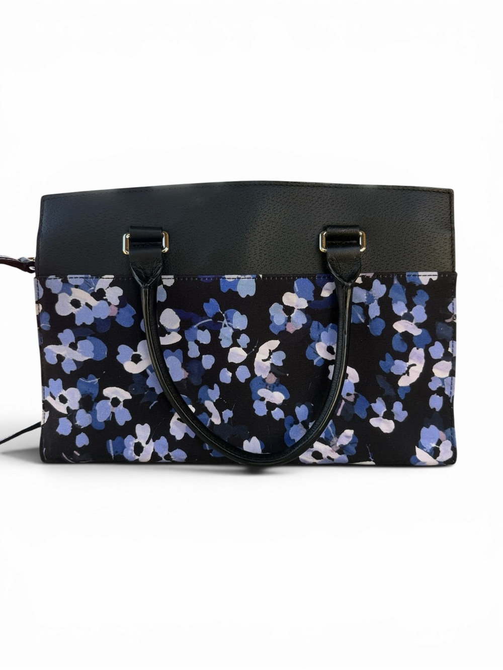 Kate Spade New York Floral Tote Bag Black Leather Top Blue Flower Print - Picture 6 of 10